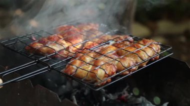 Barbekü tavuk kanadı üzerinden. Piknik doğada, ızgara tavuk kanadı.