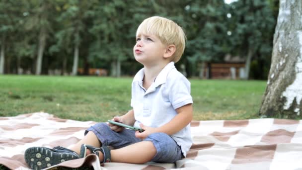 Das Kind benutzt im Park ein Smartphone. der Junge spielt mit dem Telefon. — Stockvideo