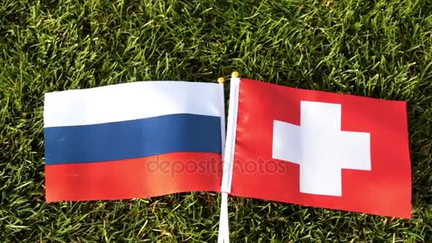 Flags of Russia and Switzerland on green grass. — Stock Video