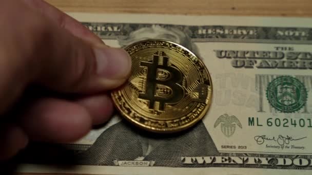 Bitcoins und Banknoten sind Dollars. US-Dollar Münze Bitcoin. — Stockvideo