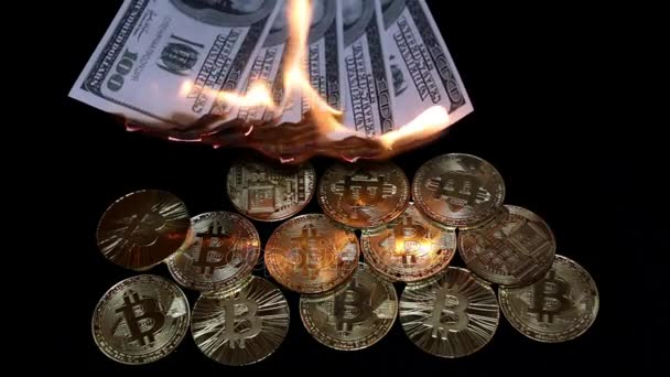 Verbrennen von Dollars und Münzen Bitcoin. — Stockvideo