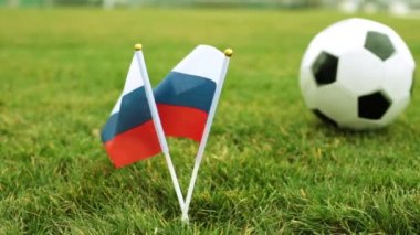 Bayraklar Rusya Federasyonu yeşil çim ve bir futbol topu. Rusya ve futbol topu bayrağı.