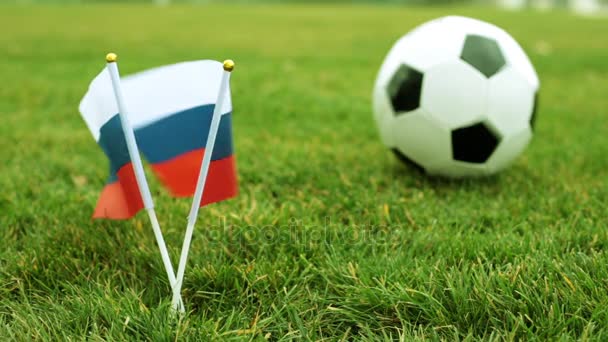 Bandera de Rusia y balón de fútbol. Banderas de la Federación Rusa sobre hierba verde y una pelota de fútbol . — Vídeo de stock