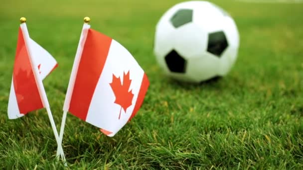 Bandera de Canadá y pelota de fútbol en la hierba . — Vídeo de stock