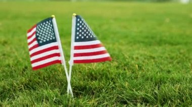 Bizi yeşil çim bayrakları. ABD bayrağı havada uçuyor. Çimenlerin üzerinde Amerikan bayrağı.