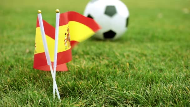 Bandera de España y pelota de fútbol en el césped. Bandera de España y balón . — Vídeo de stock