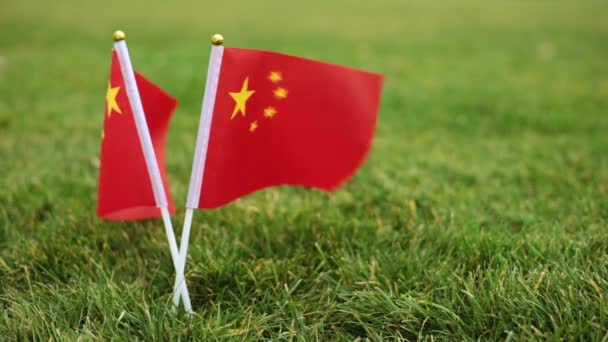 Chinese flag and soccer ball. Flag of China and football ball on the grass.