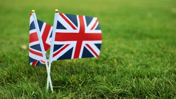 Britské vlajky a fotbalový míč v trávě. Vlajka Velké Británie a fotbalový míč. — Stock video
