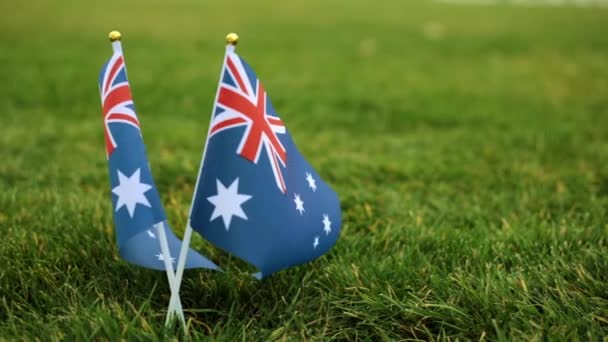 Прапор Австралії на траві. Австралійський прапор летить на вітрі. — стокове відео
