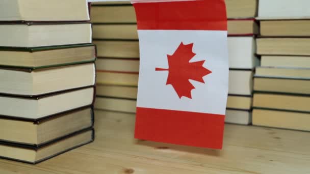 Bandeira do Canadá e livros de papel, biblioteca. Bandeira canadense no fundo dos livros . — Vídeo de Stock