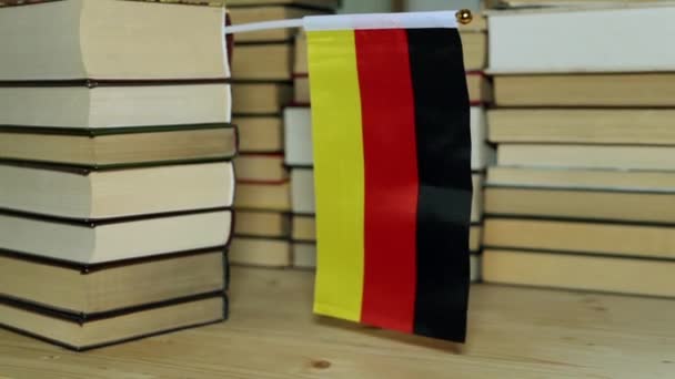 German flag with books. Flag of Germany and paper books. — Stock Video