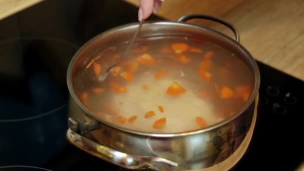 A pan of soup on the stove. — Stock Video