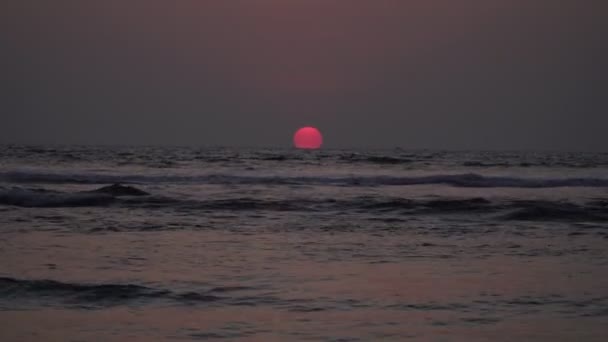 美丽的落日在大海里.夜晚，红色的太阳落在海里 — 图库视频影像