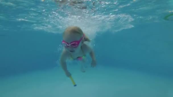 Porträtt av ett barn under vatten i en pool. En flicka simmar i poolen — Stockvideo
