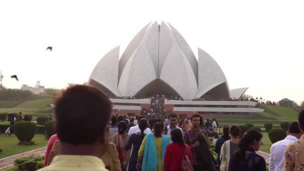 Храм Лотоса в Дели. Многие люди на фоне знаменитого храма Индийского Лотоса — стоковое видео