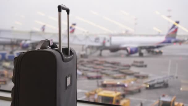 공항, 비행기 배경에 걸친 여행 가방. 여행 과 사업 개념 — 비디오
