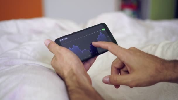 Egy otthoni személy okostelefonnal fektet be vagy dolgozik a tőzsdén — Stock videók