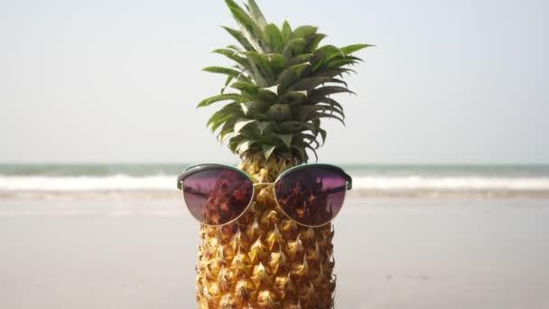 Ananas v slunečních brýlích na pláži na pozadí moře — Stock video