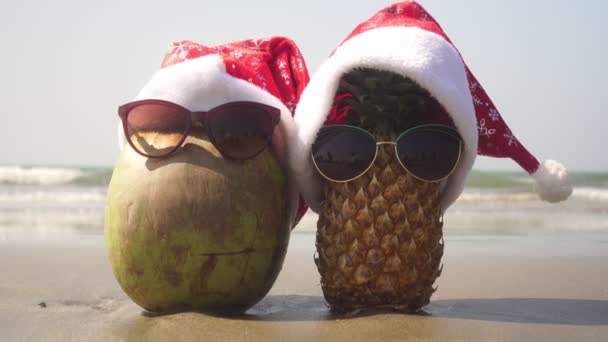 Coco e abacaxi na praia do mar celebram o Natal ou Ano Novo — Vídeo de Stock