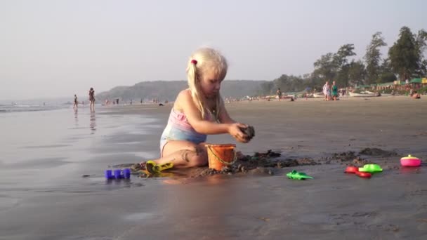 Egy gyerek játszik a homokos parton. Lány gyermek játszik homokkal a tengeren — Stock videók