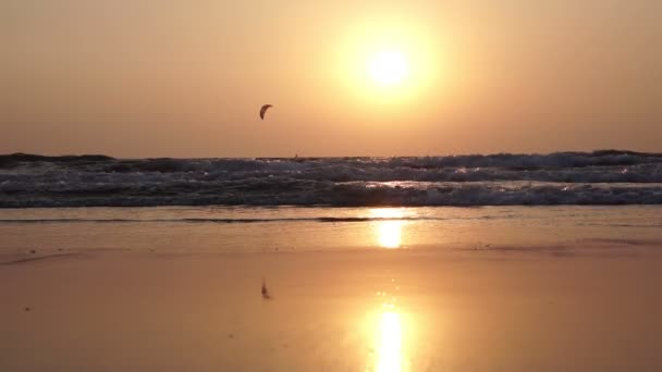 Hermosa puesta de sol dorada sobre el mar, fondo tropical. Kitesurf vuela en el cielo — Vídeo de stock