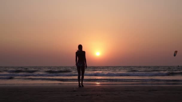 Una donna cammina lungo la spiaggia del mare sullo sfondo di un bellissimo tramonto — Video Stock