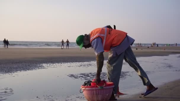 Arambol, Hindistan - Ocak 2020. Hintli bir çöp toplayıcı Goa sahilini temizliyor.. — Stok video