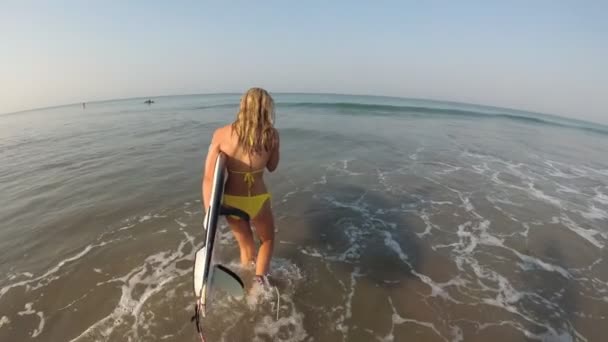 Menina atraente em um conjunto de maiô no mar com uma prancha de surf — Vídeo de Stock