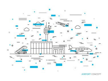 Havaalanı terminal, uçak, ulaşım doğrusal vektör çizim