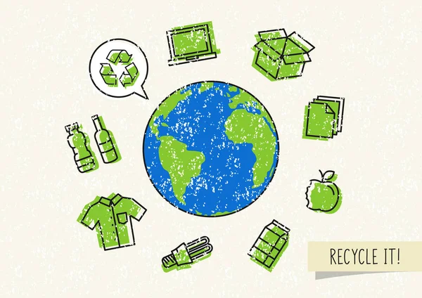 Planeet aarde met recycleerbaar dingen vectorillustratie — Stockvector