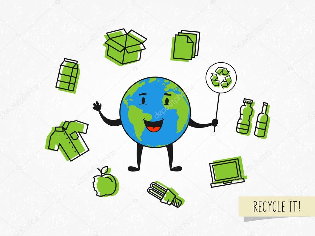 Cartoon character planet earth with recyclable things