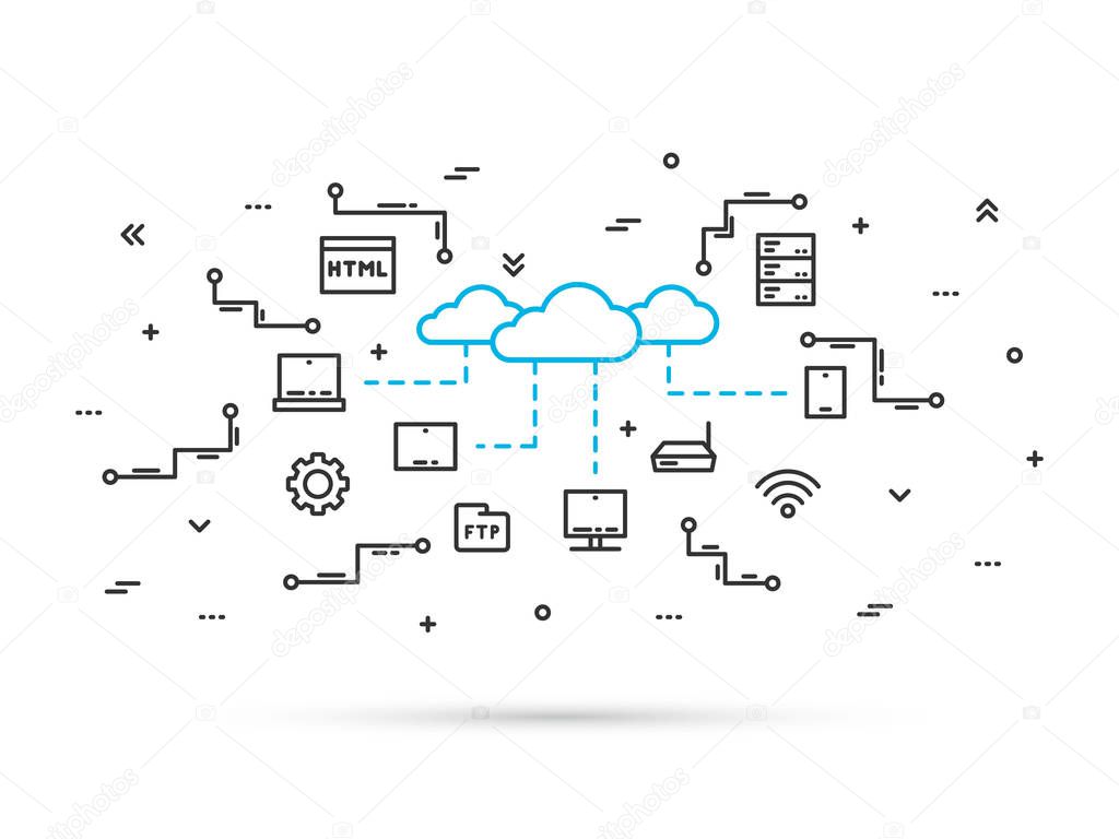 Cloud storage technology line vector illustration