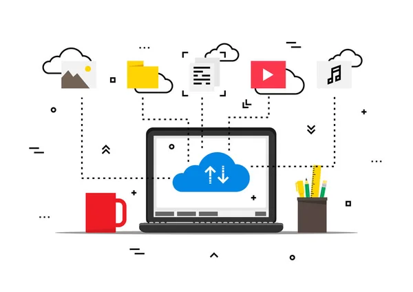 Computadora portátil con ilustración vectorial de datos de almacenamiento de datos en la nube — Vector de stock