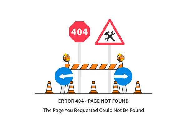 Error 404 página con señales de construcción de carreteras — Vector de stock