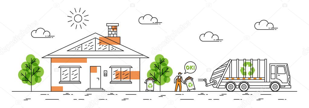 House and garbage truck with recycle sign vector illustration