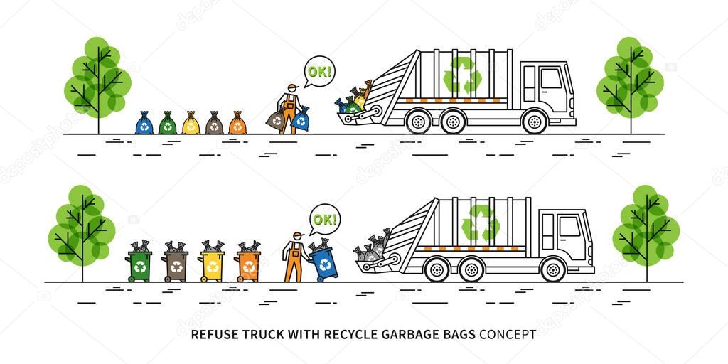 Refuse truck with recycle garbage bags vector illustration