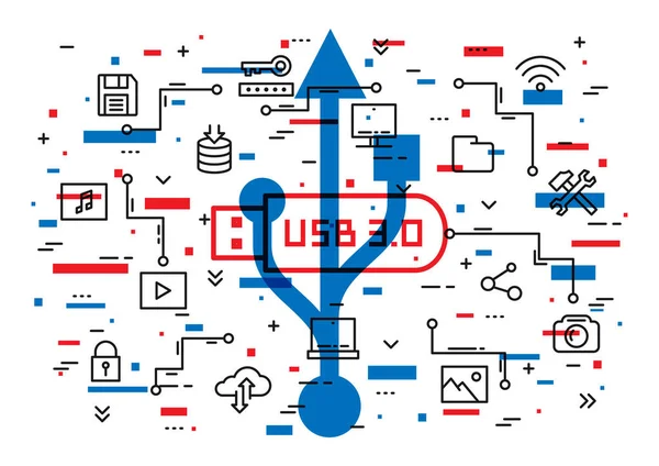 Ilustração vetorial de tecnologia USB 3.0 com elementos coloridos — Vetor de Stock