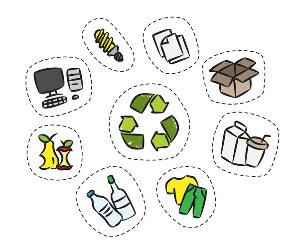 Set di adesivi con segno di riciclaggio vettoriale illustrazione — Vettoriale Stock