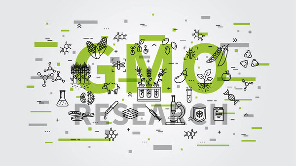 Векторная иллюстрация исследования ГМО с цветными элементами
