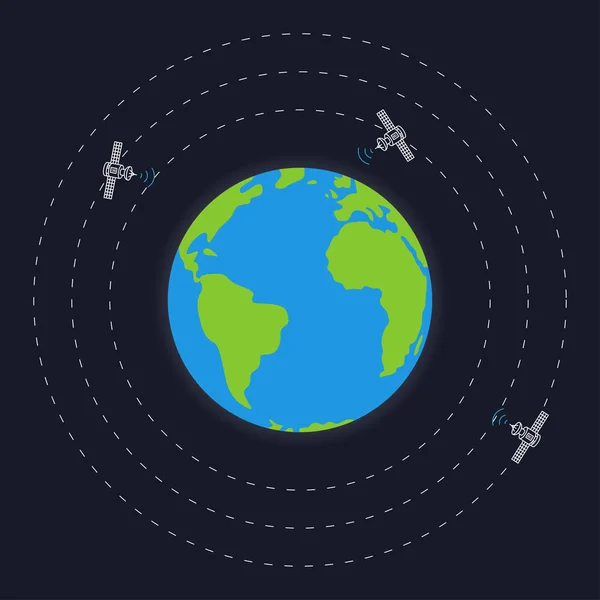 Planeta Terra e redondo satélite órbitas vetor ilustração —  Vetores de Stock