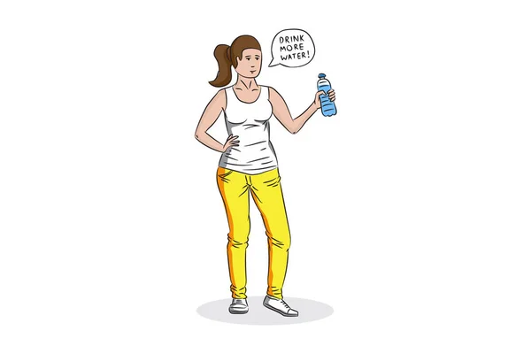 Jong meisje met fles water vectorillustratie — Stockvector