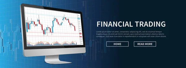 Banner de página web de comércio de ações financeiras com ilustração de vetor de desktop — Vetor de Stock