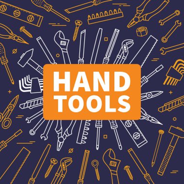 El aletleri vektör illüstrasyonu. Yenileme ve çalışma hattı sanat karesi afişi için aletler. Doğrusal grafik tasarımı ve inşası için el araçları.