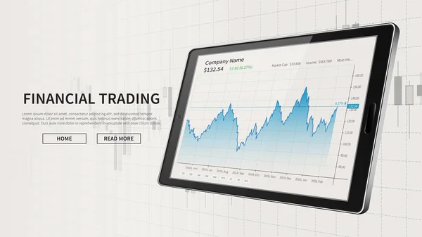 Tablet Com Banner Web Publicidade Gráfico Castiçal Mercado Ações Ilustração —  Vetores de Stock