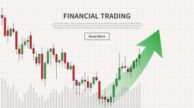 Yükselen ok vektör illüstrasyonlu mali ticaret çizelgesi. Borsa şamdanı grafik web sayfası afişi. Eski ticaret grafik tasarım kavramı.