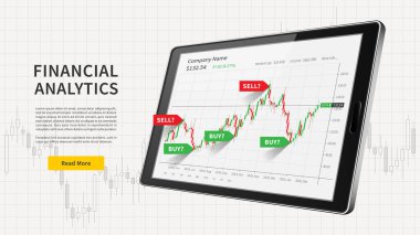 Stok ticaret şamdanı grafiği olan tablet ve web pankartı. Finansal analitik vektör çizimi. Satın alma ve satma sinyalleri grafik tasarım konseptiyle borsa grafiği.