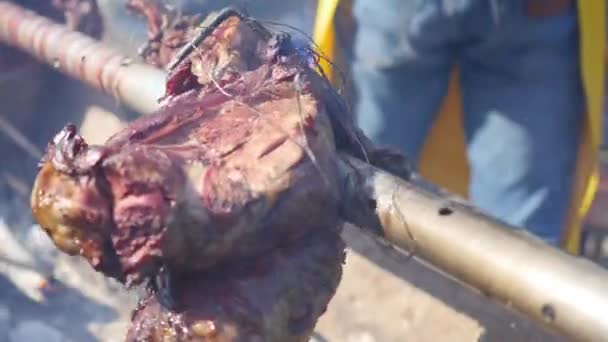 Carne assada em uma saliva — Vídeo de Stock