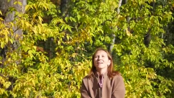 Flickan kastar bladen över huvudet i parken — Stockvideo