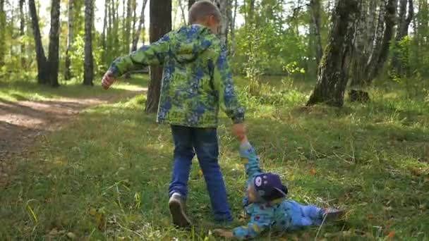 A criança brinca com seu irmão mais novo no Parque — Vídeo de Stock