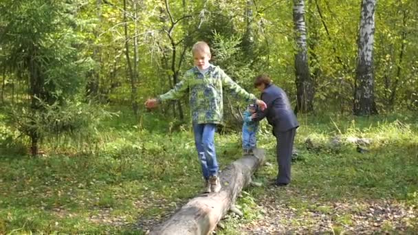 Бабушка с детьми, гуляющими в парке — стоковое видео